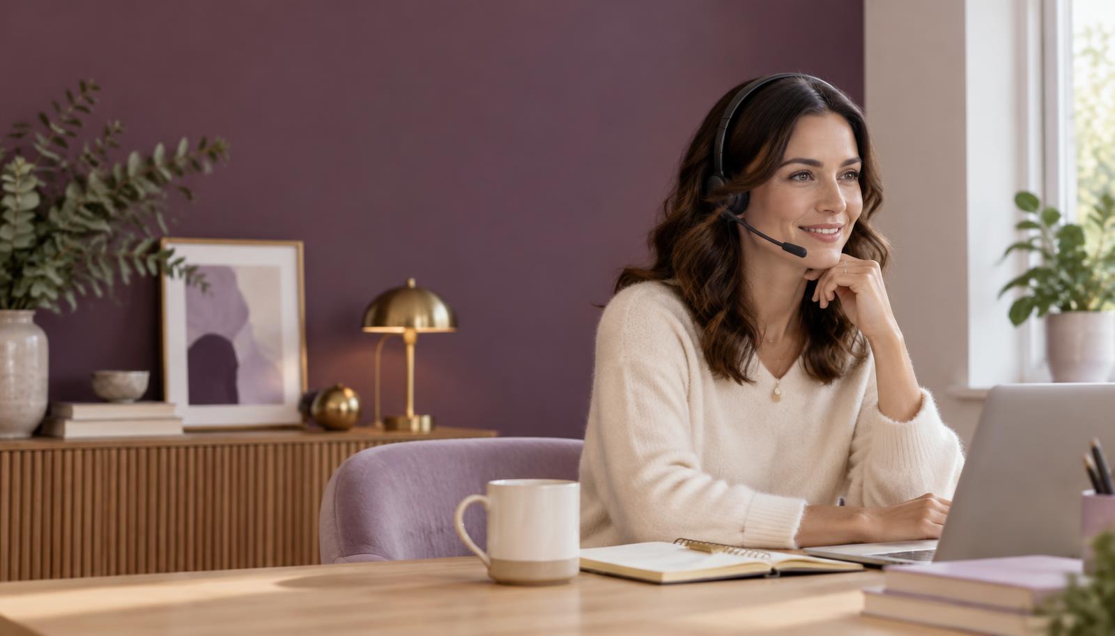 A professional caller wearing a headset, speaking with a contact